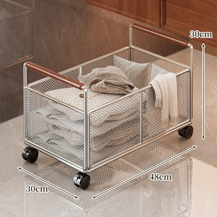 Freestanding Mesh Storage Crate with Wooden Grip Handles for Living Room and Laundry