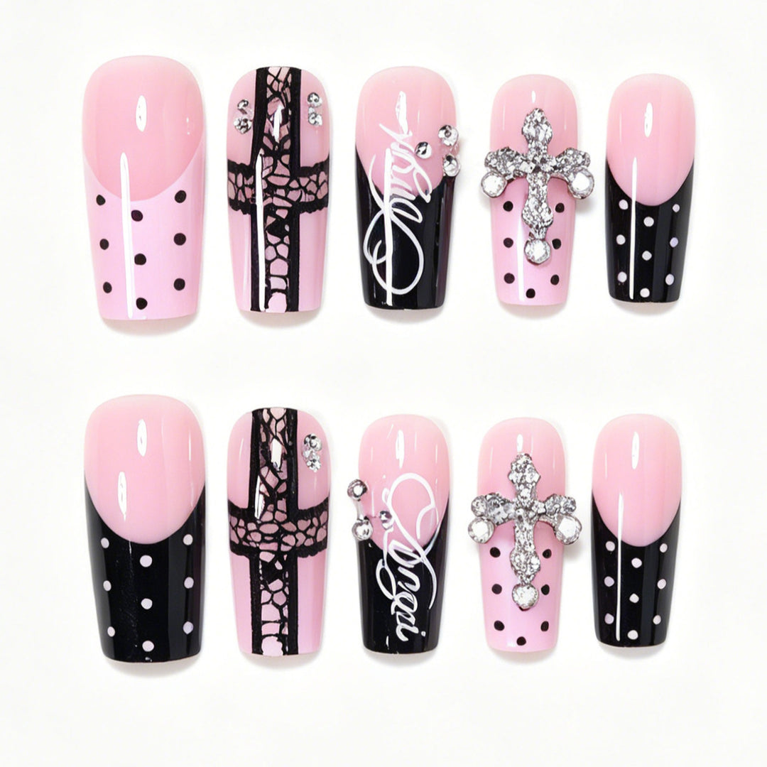 Artistic Long Press-On Nail Design Set with Cross Accents Kalsten