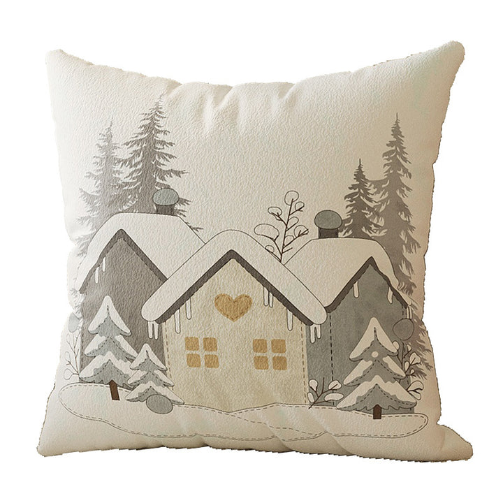 Winter Cottage Embroidered Plush Square Throw Pillow Cover with Hidden Zipper