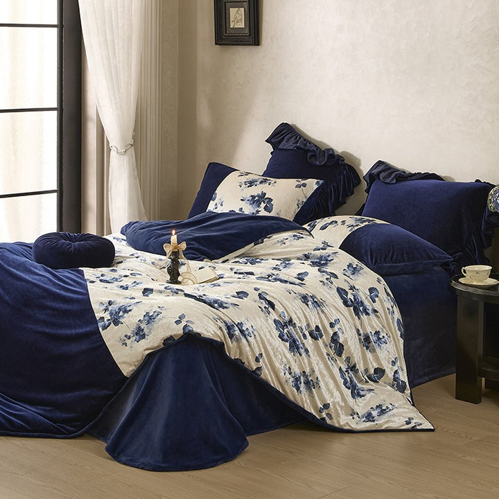 Premium velvet bedding set with floral satin contrast and decorative ruffled border