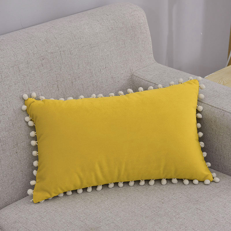 Rectangular Pom-Pom Trim Lumbar Pillow Cover Cotton-Linen Blend with Hidden Zipper