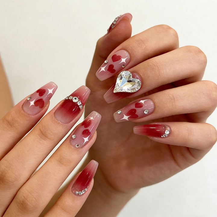 Artistic Press-On Nail Set with Heart and Gem Accents