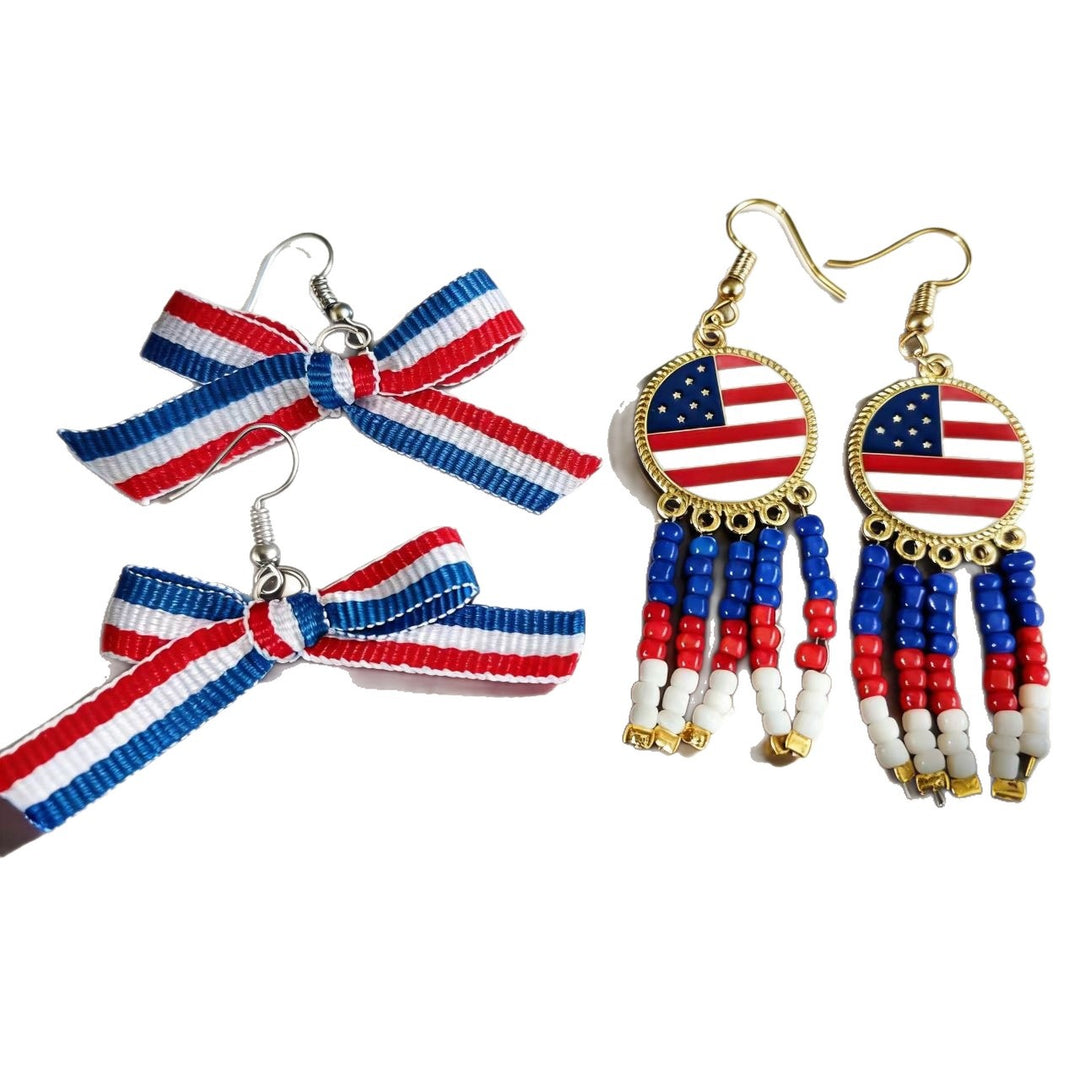 Ladies nan patriotic pearl earrings with US flag motif and fringes Kalsten