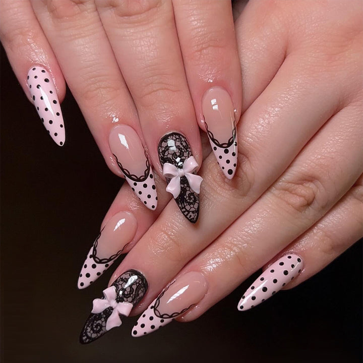 Elegant Stiletto Press-On Nail Set with Lace and Bow Design Kalsten