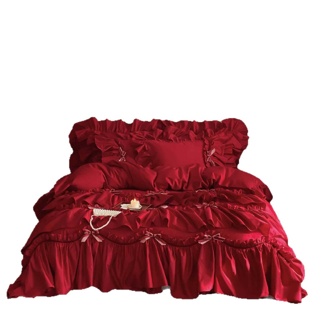 Luxurious Ruffle Satin Bedding Set with Ruffles and Decorative Ribbons