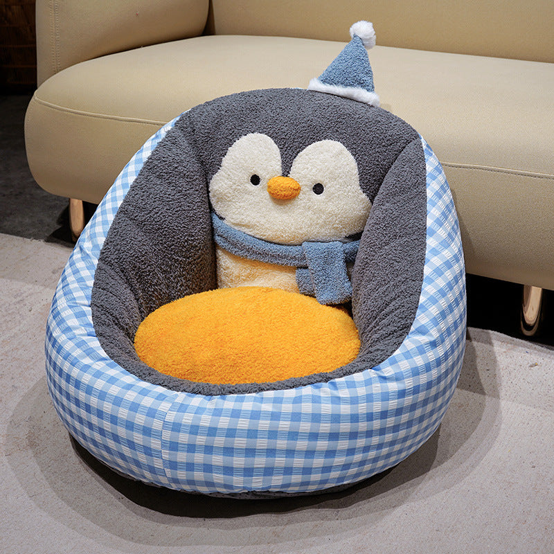 Cozy pet bed with plush penguin back support and ergonomic cuddle pillow
