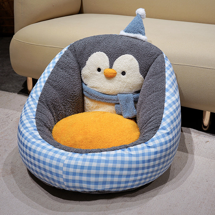 Cozy pet bed with plush penguin back support and ergonomic cuddle pillow