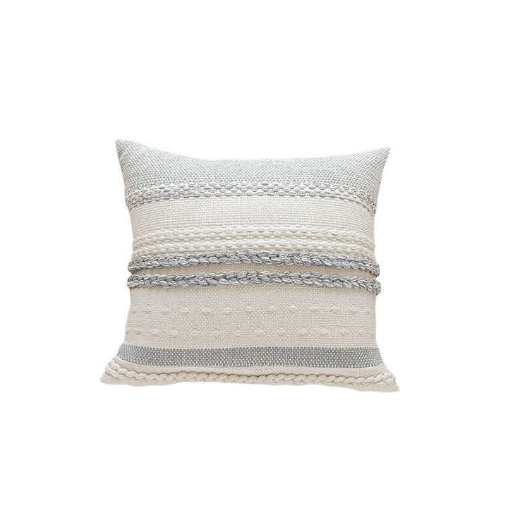 Woven Cotton Textured Lumbar Throw Pillow Cover with Braided Stripe Embellishments