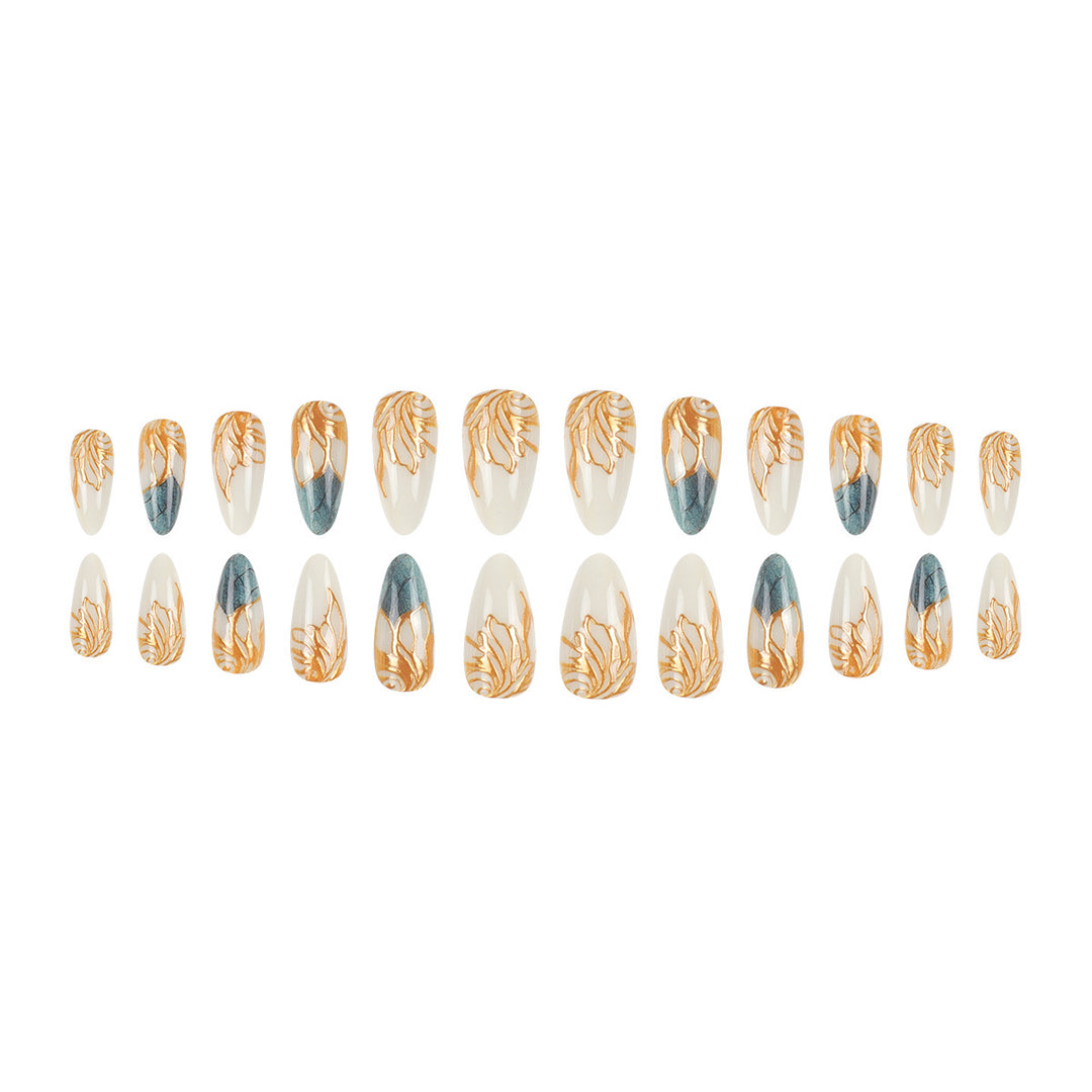 Decorative Long Stiletto Nail Art Extensions with Gold Leaf Design Kalsten