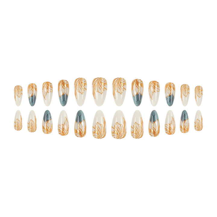 Decorative Long Stiletto Nail Art Extensions with Gold Leaf Design Kalsten