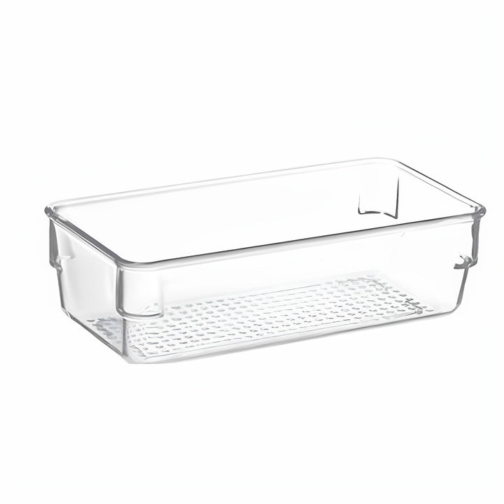 Transparent refrigerator door shelf with ribbed bottom and clip attachment