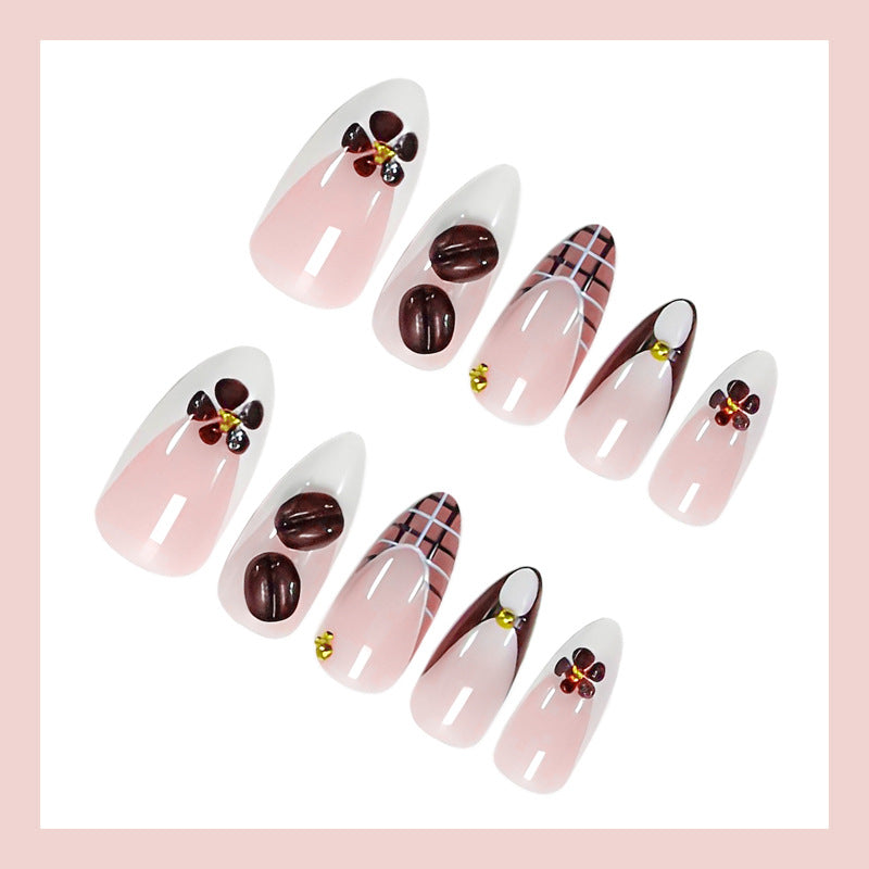 Art nail set with elegant coffee and flower motif Kalsten