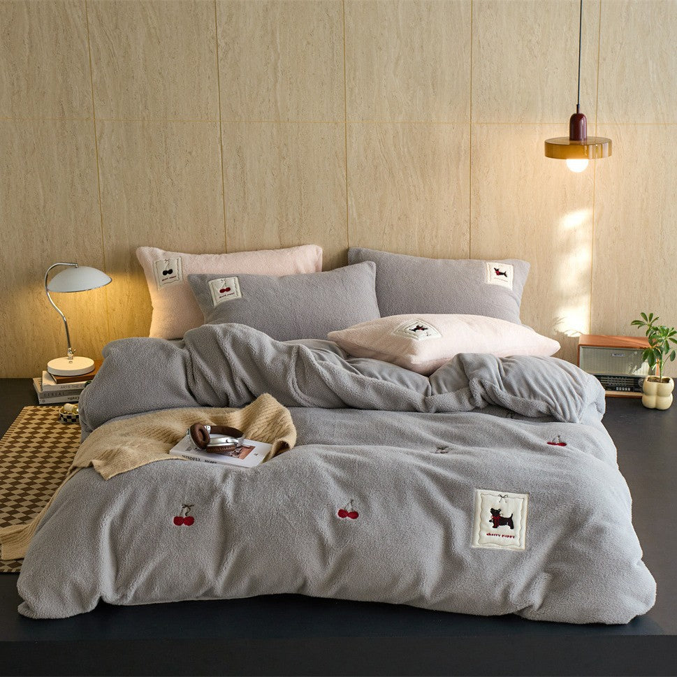 Cozy fleece bedding set with embroidered cherries and appliqués