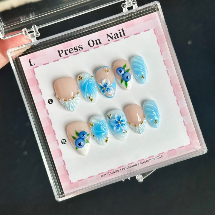 Artistic Floral Press-On Nail Set with Blue Accents