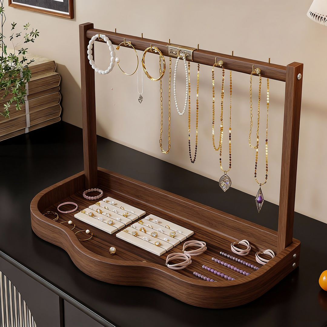 Wooden Jewelry Display and Tray Organizer with Hanging Bar and Ring Slots