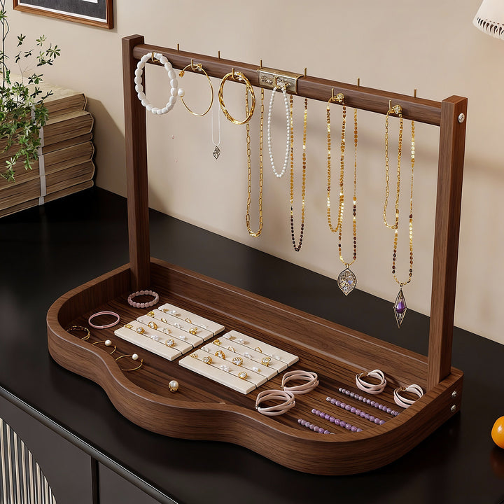 Wooden Jewelry Display and Tray Organizer with Hanging Bar and Ring Slots