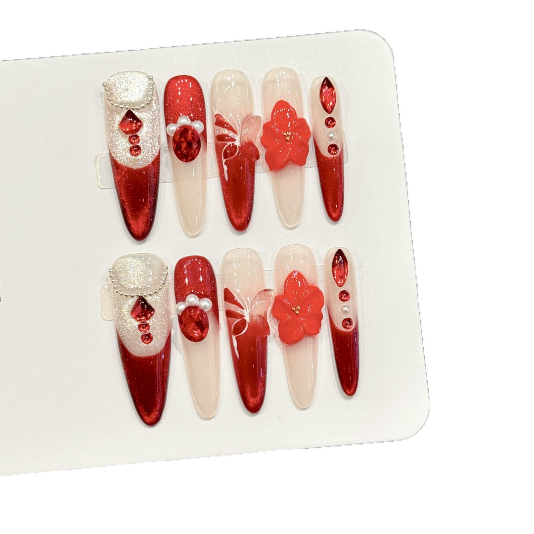 Artistic Press-On Nail Art Kit with 3D Floral and Gem Accents