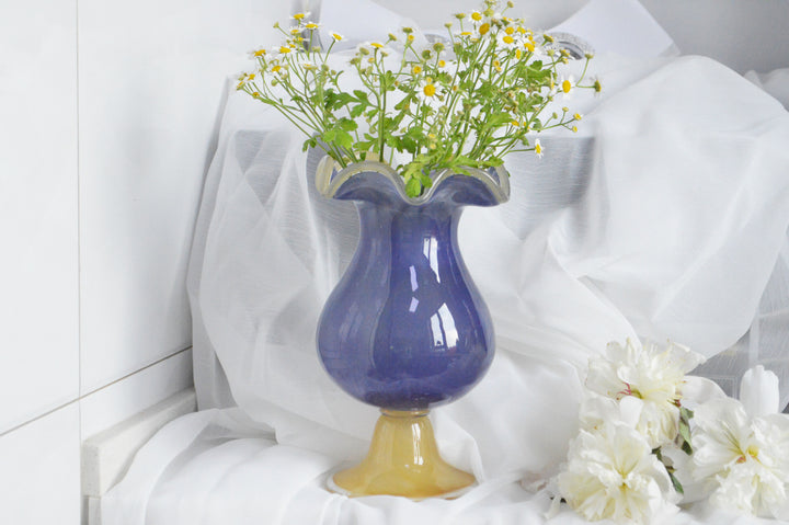 Handblown Fluted Pedestal Art Glass Trumpet Vase Kalsten