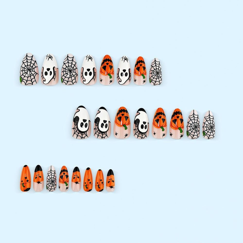 Halloween-themed artificial nails with spooky ghost and pumpkin design Kalsten