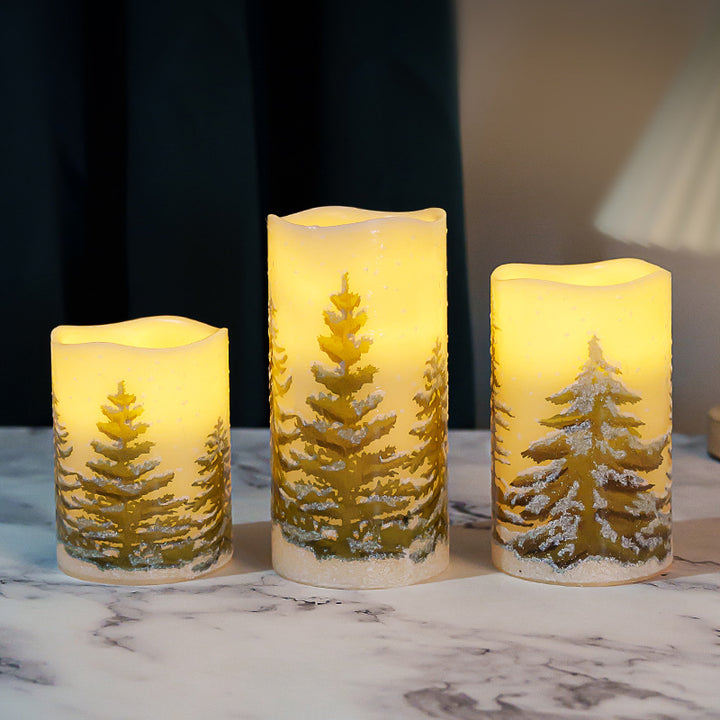 Hand-Painted Pine Forest Textured Pillar Candle for Tabletop Decor