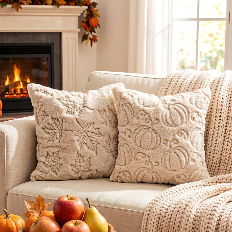 Autumn Plush Decorative Throw Pillow with Embossed Pumpkin Texture