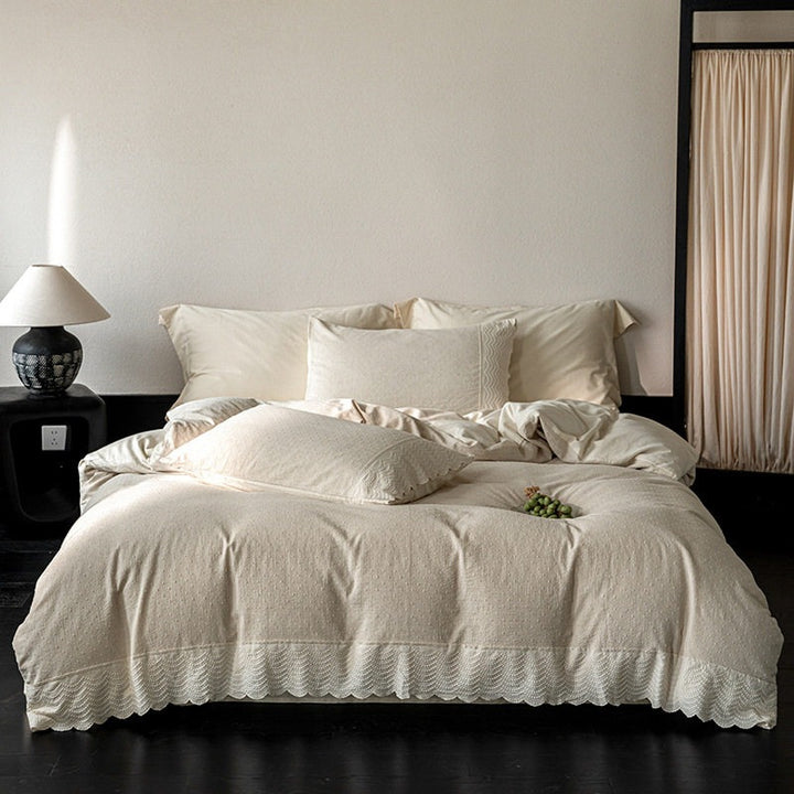 Light cotton-linen duvet cover set with fine longitudinal stripe texture and lace hem