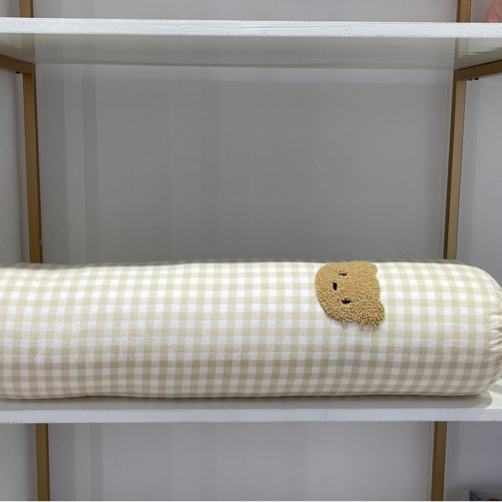 Padded quilt set with embroidered bear appliqués and neck roll