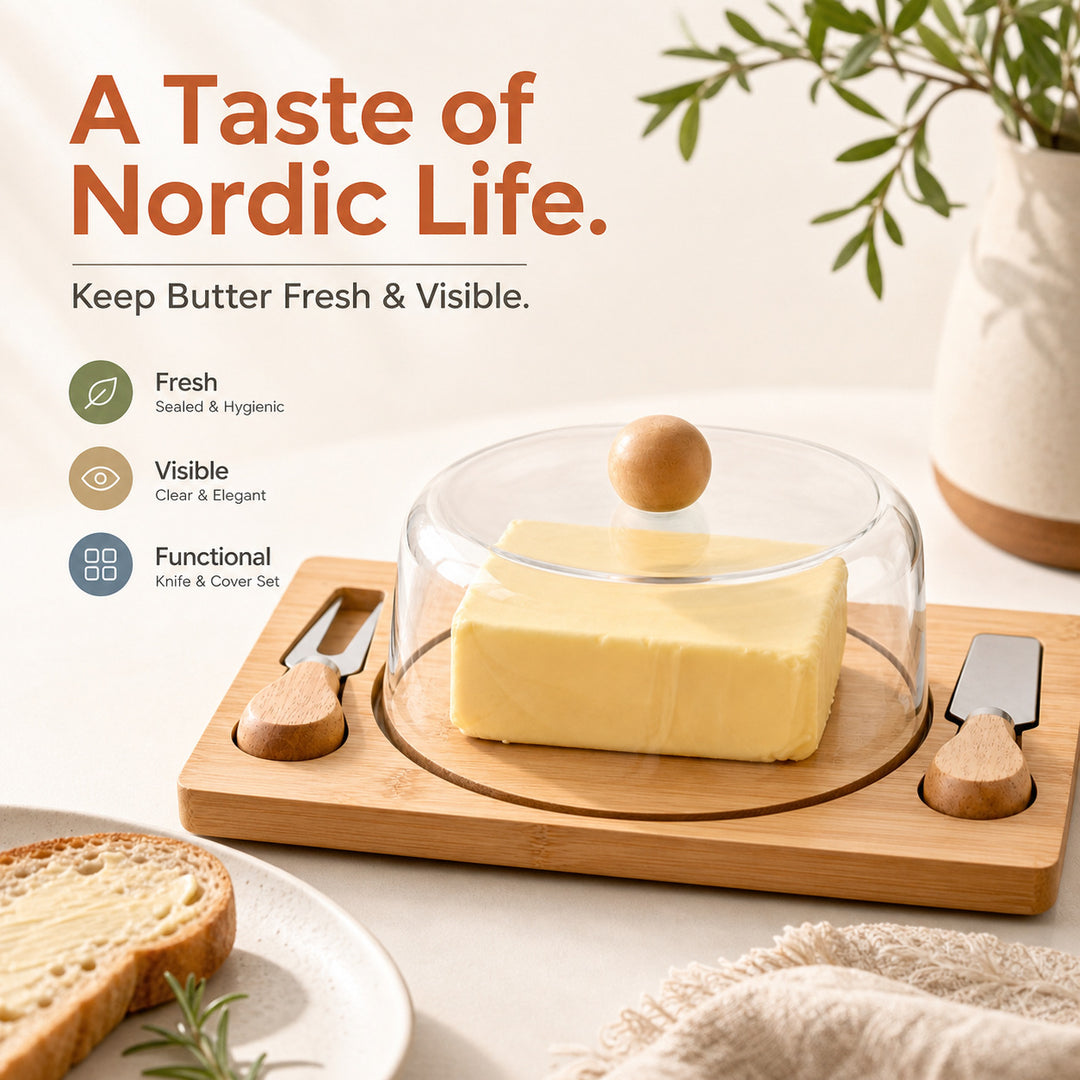 Bamboo Butter Dish with Glass Dome and Stainless Steel Spreaders