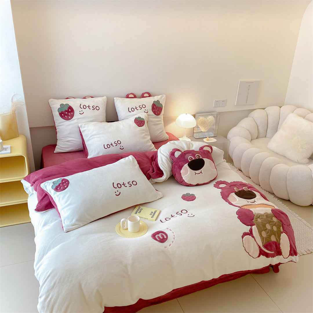Cute quilted bedding set with plush bear applique and strawberry motif