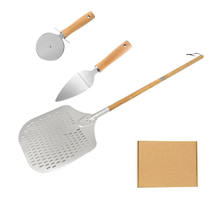 long-handled perforated pizza peel set with wooden handle stainless steel cutter and triangle server Kalsten