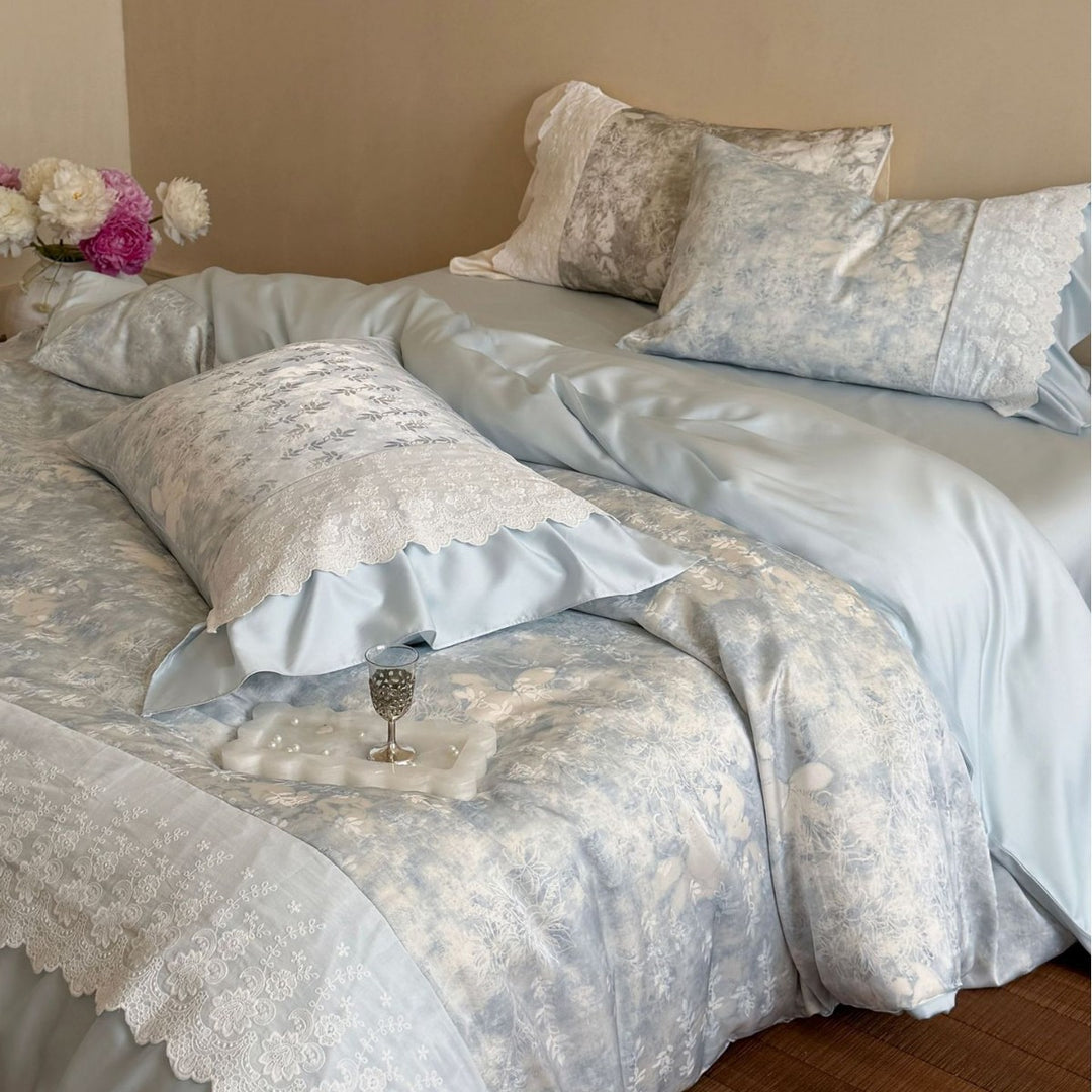 Luxurious satin bedding set with lace trim and ruffle