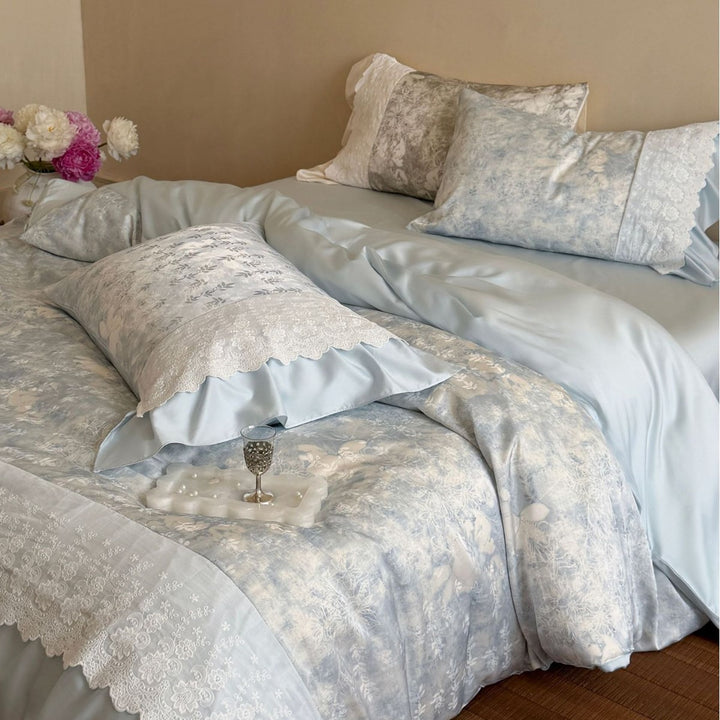 Luxurious satin bedding set with lace trim and ruffle