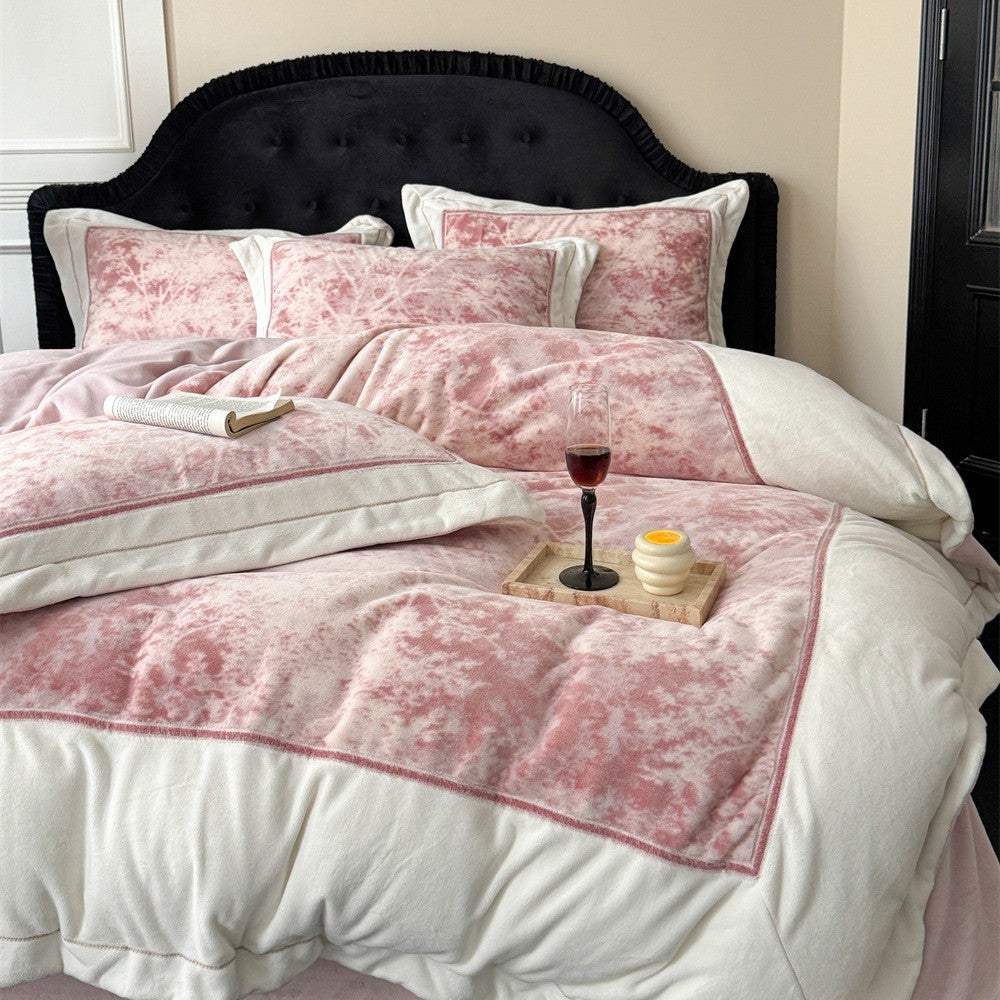 Luxurious velvet bedding set with floral texture and quilted edge