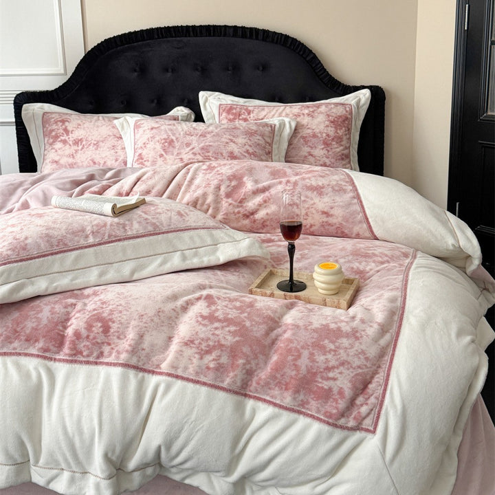 Luxurious velvet bedding set with floral texture and quilted edge