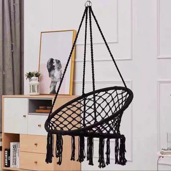 Boho macrame hanging swing chair with faux fur cushion and fringe Kalsten