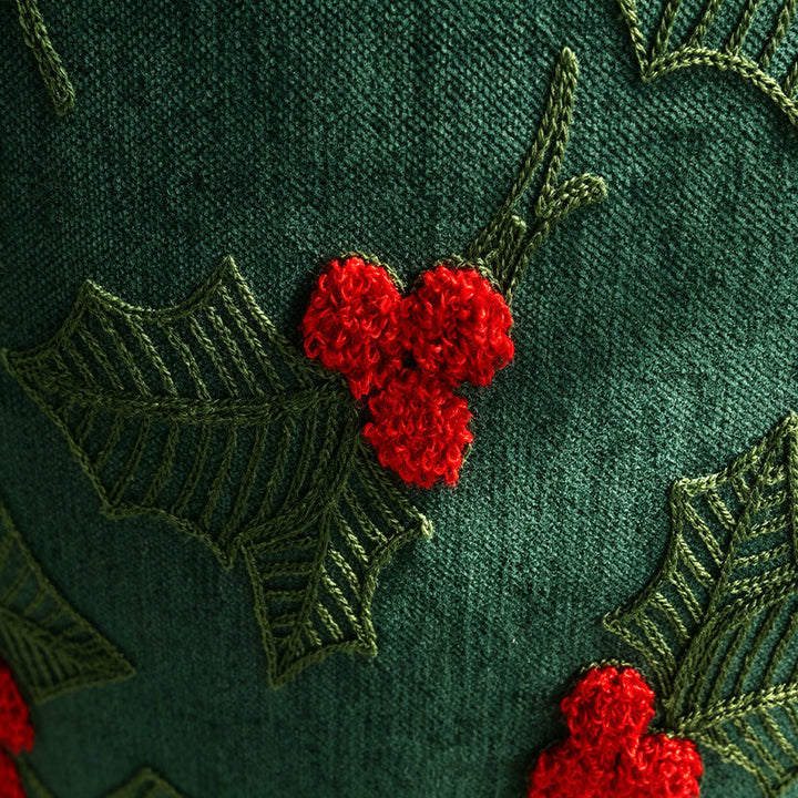 Holiday Holly Embroidered Velveteen Throw Pillow with Pom Berry Accents