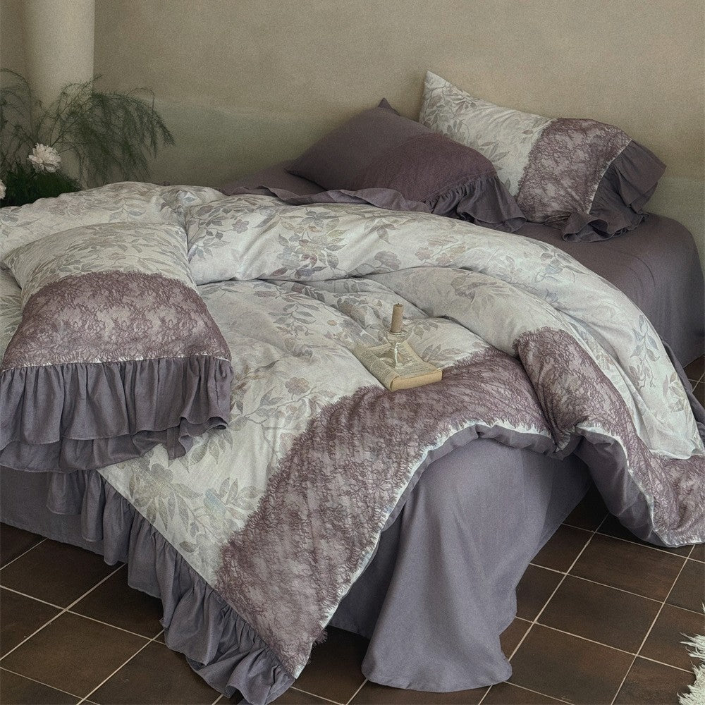 Bedding set with jacquard panels, ruffled bed skirt and reversible pillow