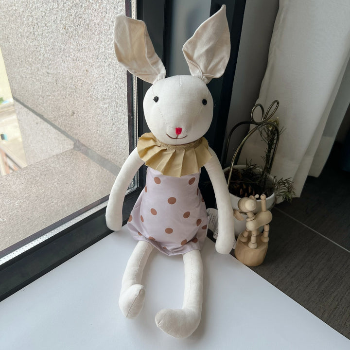Handcrafted Organic Cotton Bunny Doll with Linen Jacket and Plaid Shorts