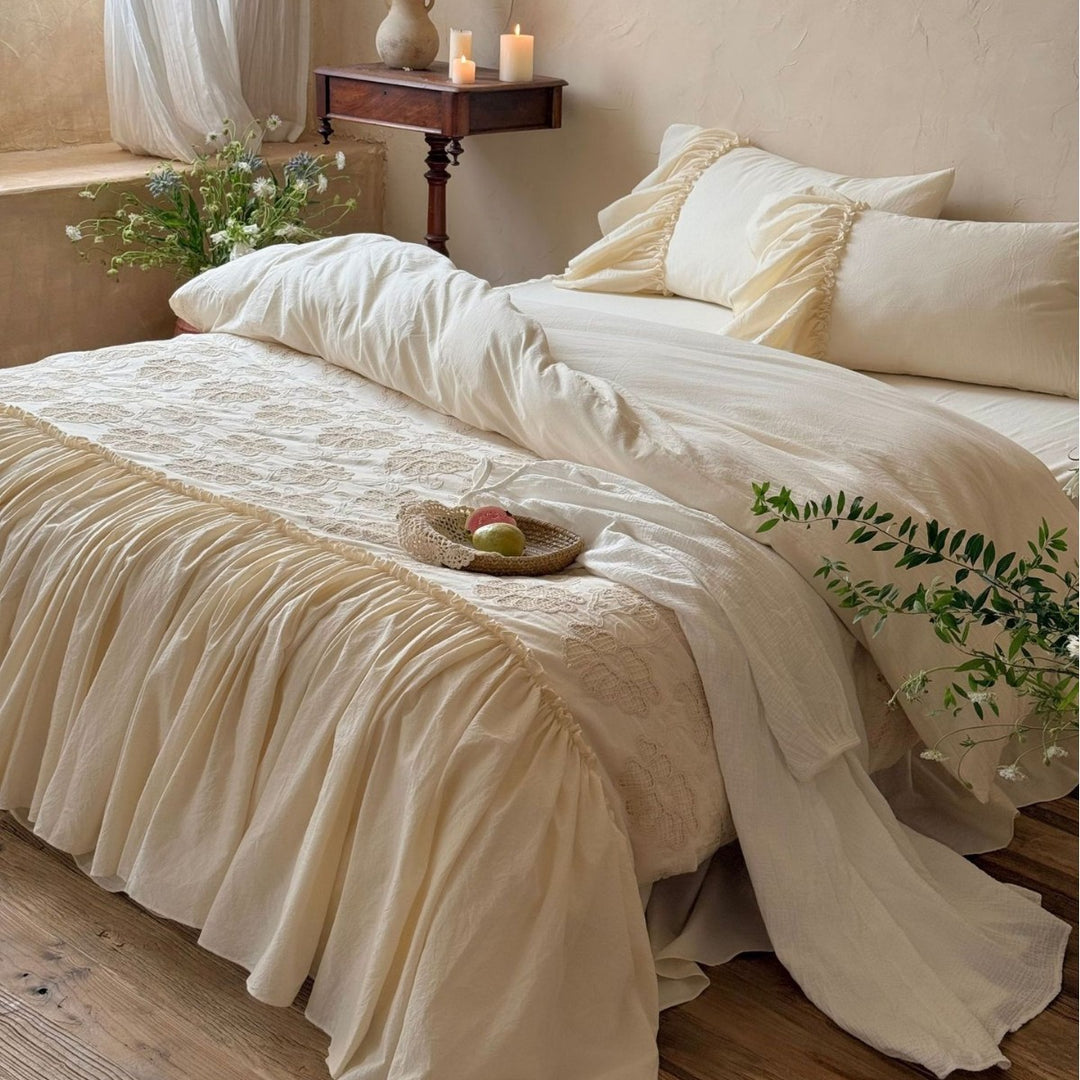 Vintage bedding set with ruffled bed skirt and embroidered bedspread