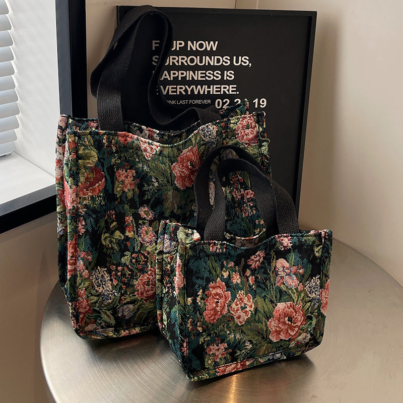 Floral Embroidered Tapestry Tote Bag