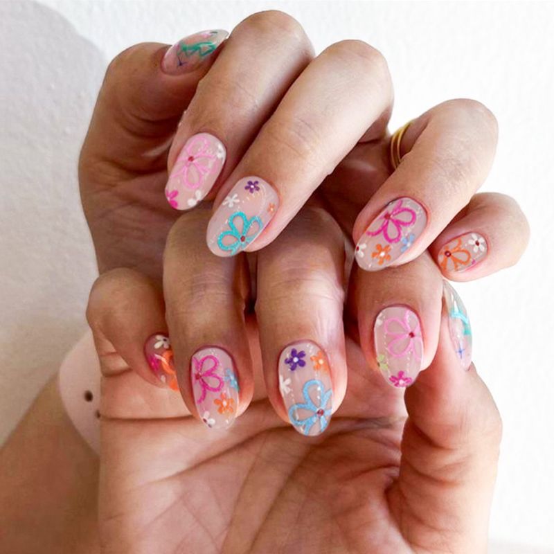 Acrylic nail set with colorful flower designs Kalsten