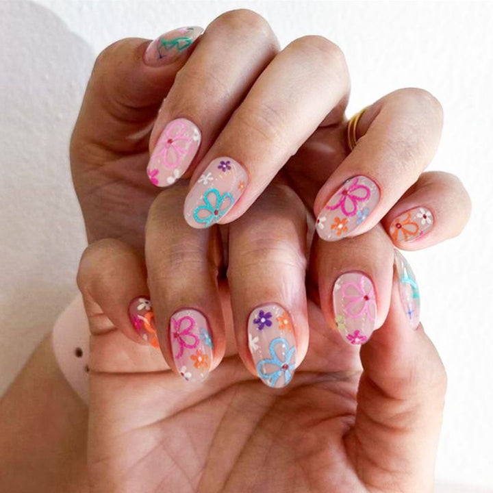 Acrylic nail set with colorful flower designs Kalsten