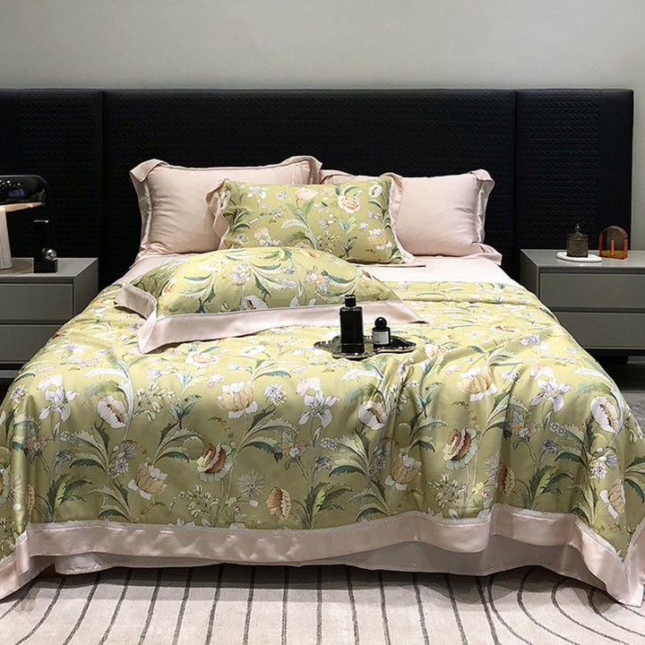 Luxurious cotton satin bedding set with floral watercolor print and fine satin trim