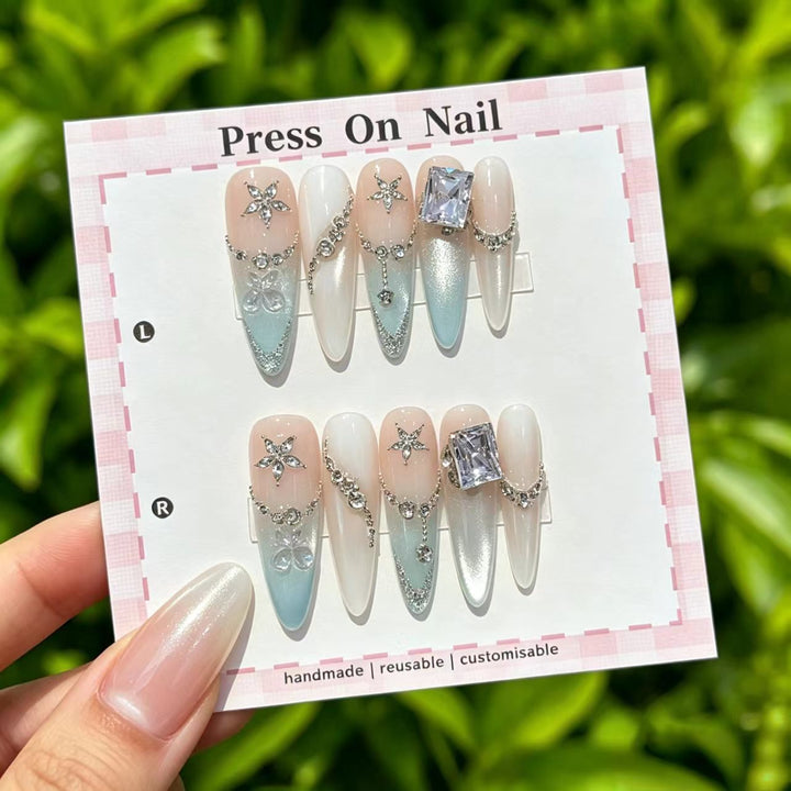 Artistic Press-On Nail Art Set with Jewel Accents