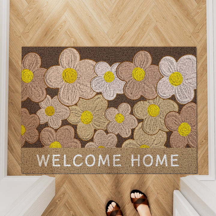 Absorbent Anti-Slip Indoor Entrance Doormat with Retro Yellow Gerbera Print and 'Welcome Home' Typography