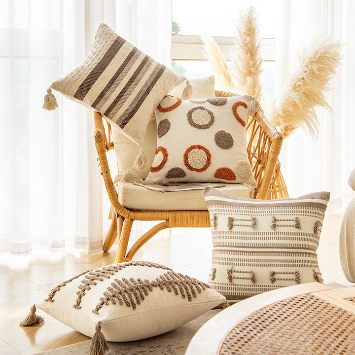 Square Tufted Cotton Throw Pillow with Knotted Corner Tassels and Raised Geometric Texture