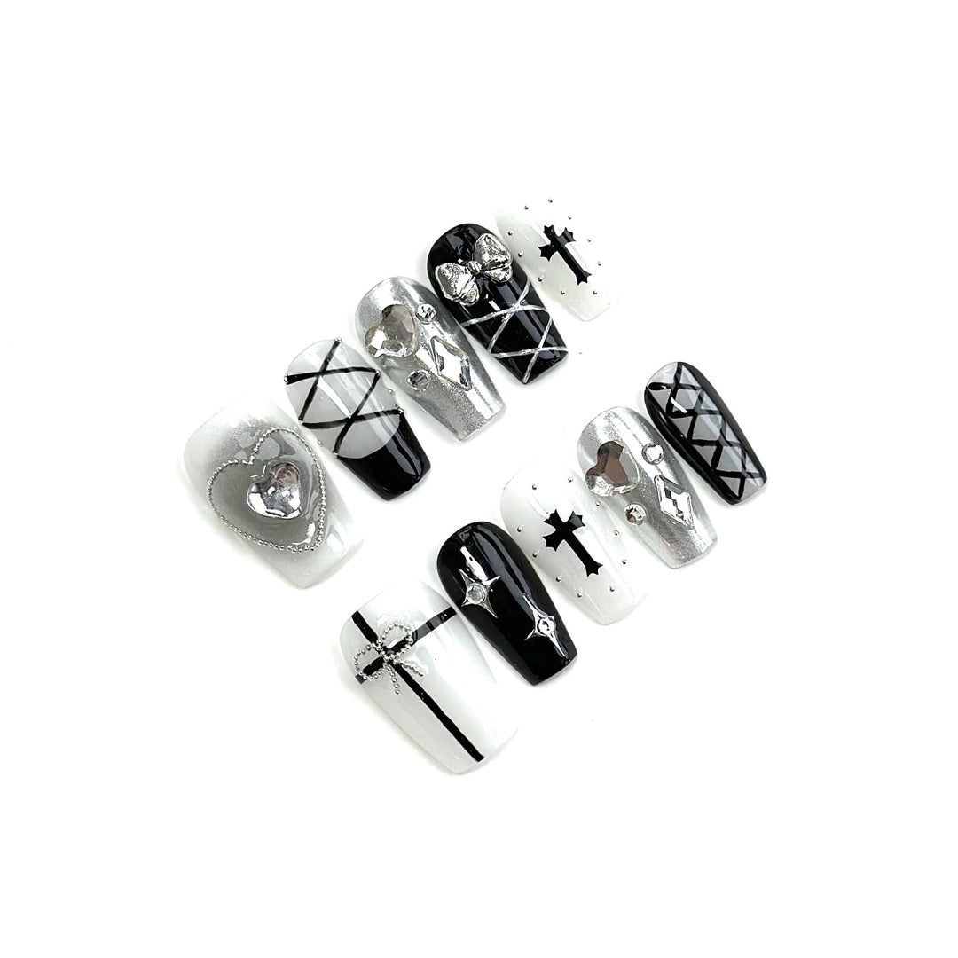 Artistic Press-On Nail Art Set with Unique Gothic and Decorative Design