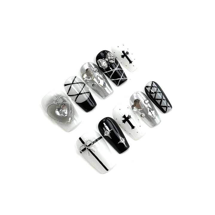 Artistic Press-On Nail Art Set with Unique Gothic and Decorative Design