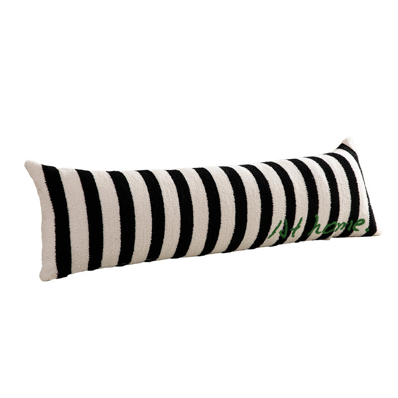 Long lumbar support cushion with ergonomic filling and striped chenille texture