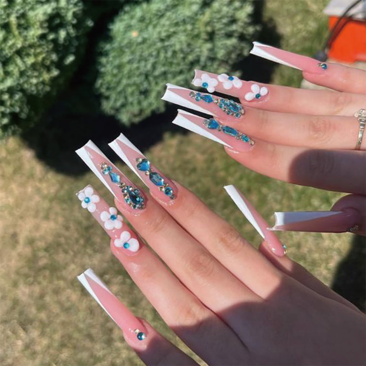 Decorative Floral Press-On Nails Set with Rhinestones Kalsten